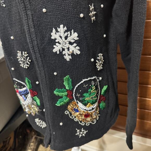 VTG BP Design Black Christmas sweater cardigan Snowflakes embroidered full zip M - Picture 2 of 8